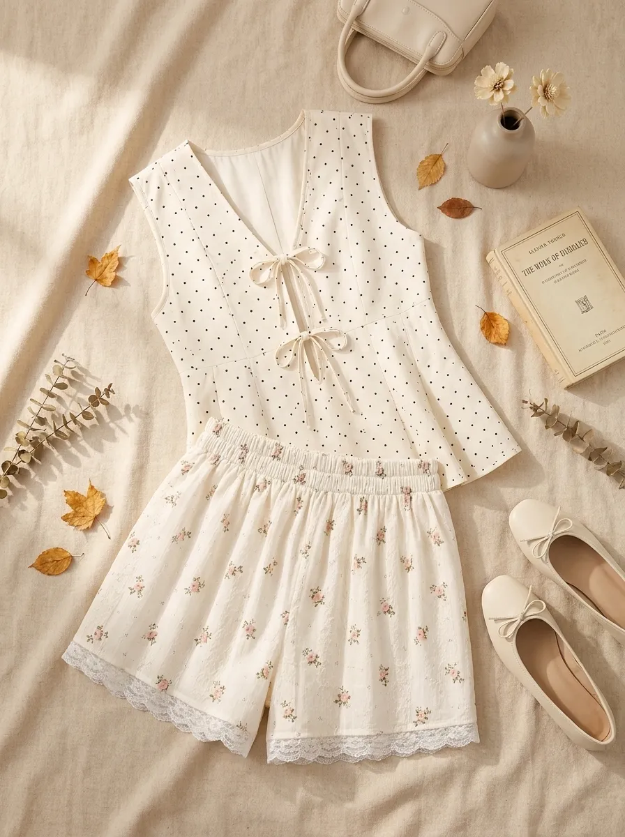 Vintage Polka Dotted Ribbon Vest + Vintage Rose Bloomers Shorts