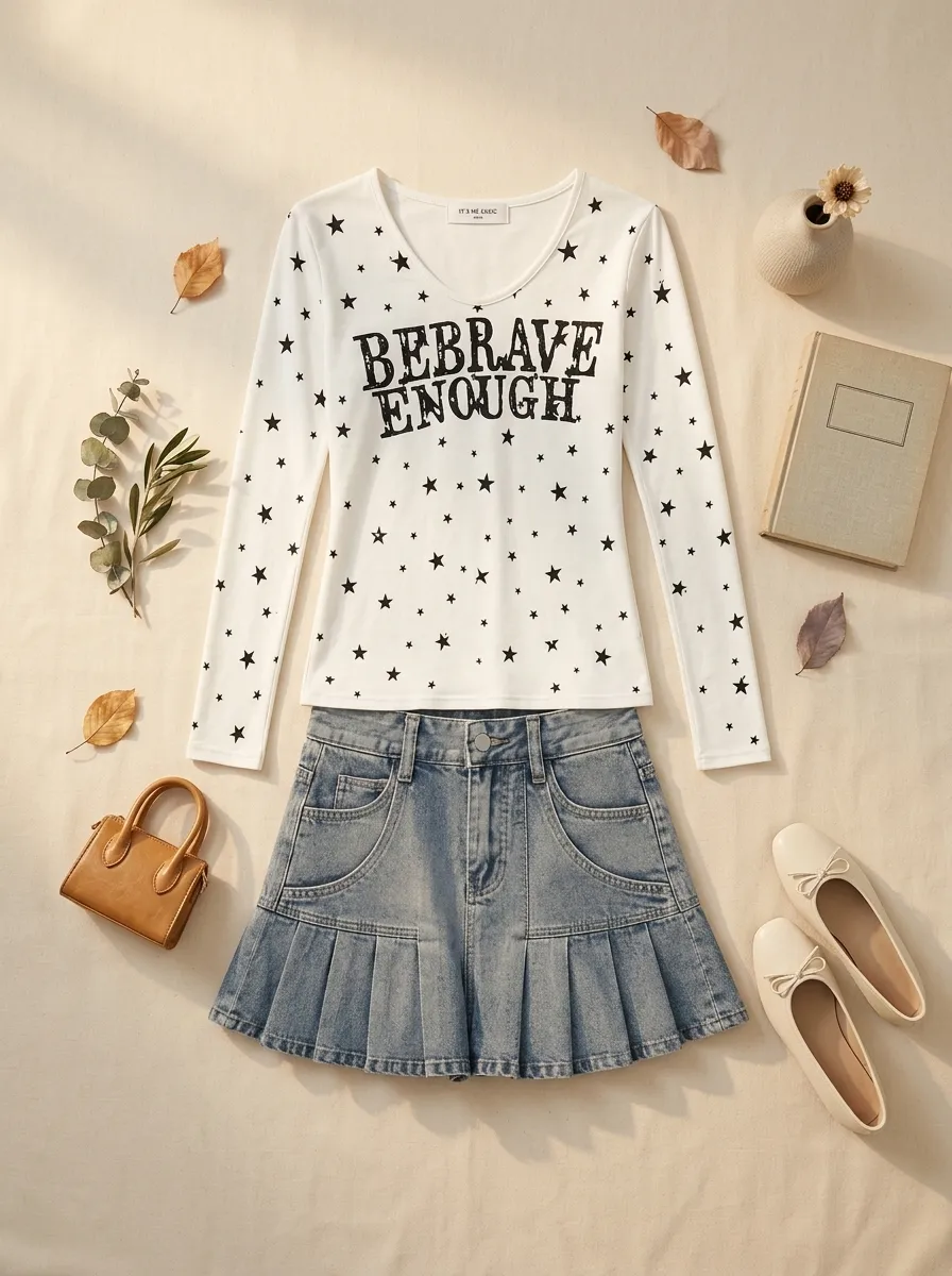 Celestial Be Brave Graphic Long Sleeve + Vintage Acid Wash Pleated Denim Skirt