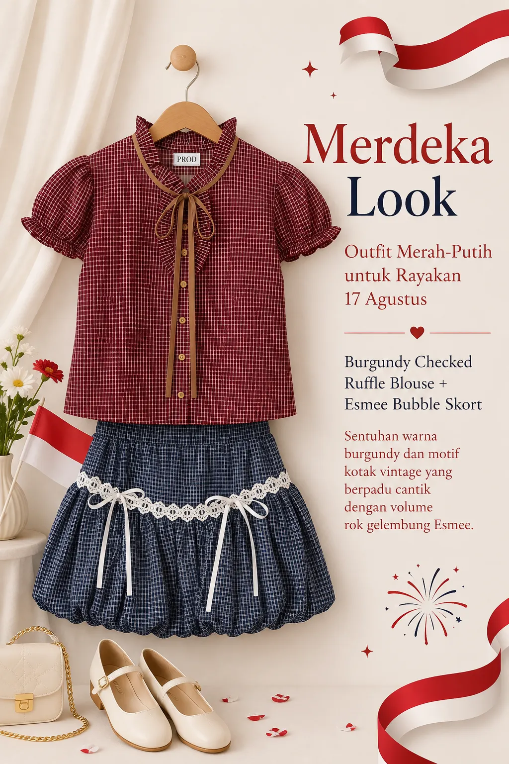 Burgundy Checked Ruffle Blouse + Esmee Bubble Skort