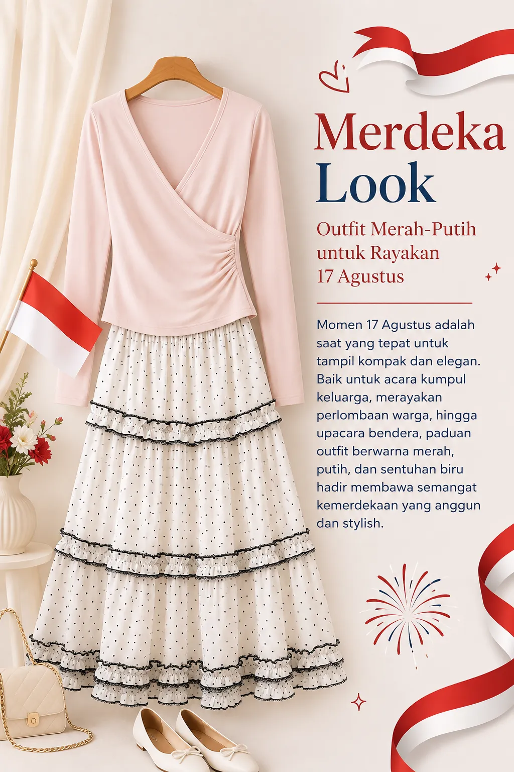 Wrap Front Long-Sleeve Top + Mireille Polka Midi Skirt