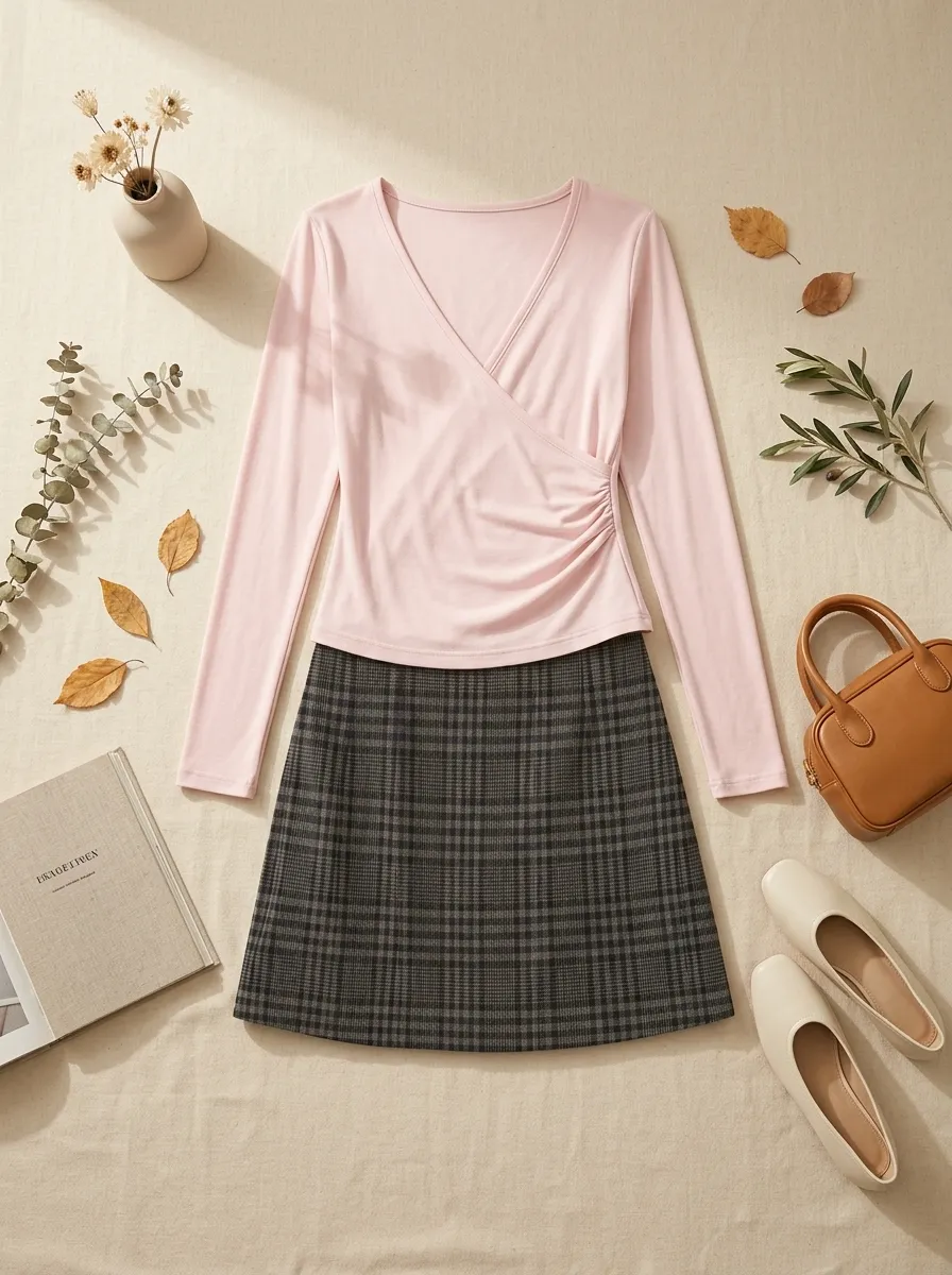 Wrap Front Long-Sleeve Top + Classic Earth-Toned Plaid Mini Skirt