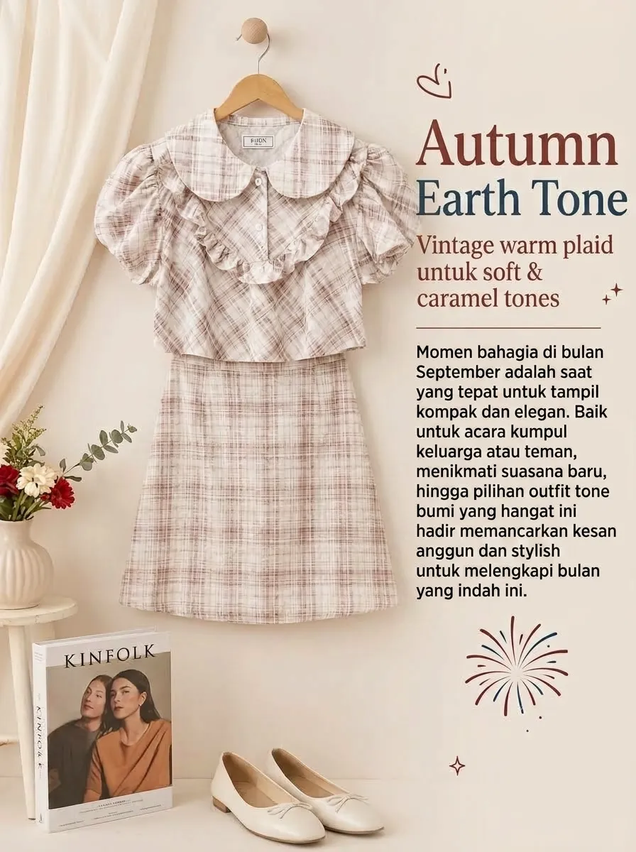 Vintage Rosie Plaid Ruffle Blouse + Classic Earth-Toned Plaid Mini Skirt