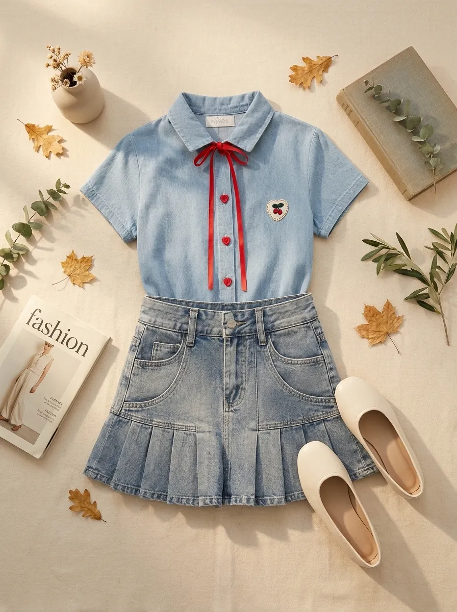 Vintage Cherry Heart Denim Shirt + Vintage Acid Wash Pleated Denim Skirt