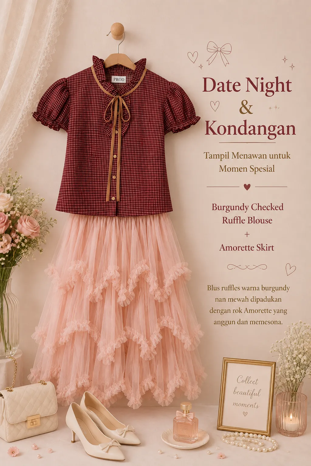 Burgundy Checked Ruffle Blouse + Amorette Skirt