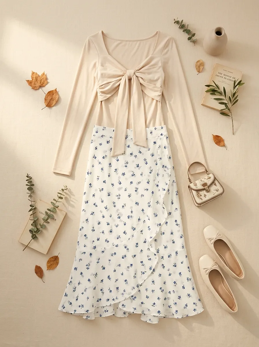 Bow Longsleeve + Fiorelle Ruffle Wrap Skirt