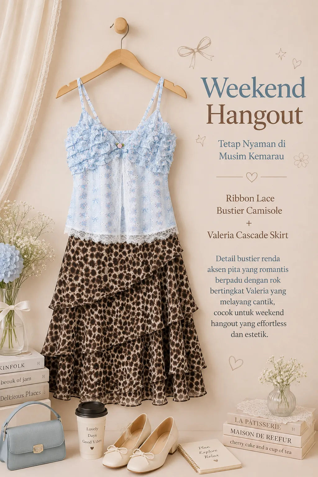 Ribbon Lace Bustier Camisole + Valeria Cascade Skirt
