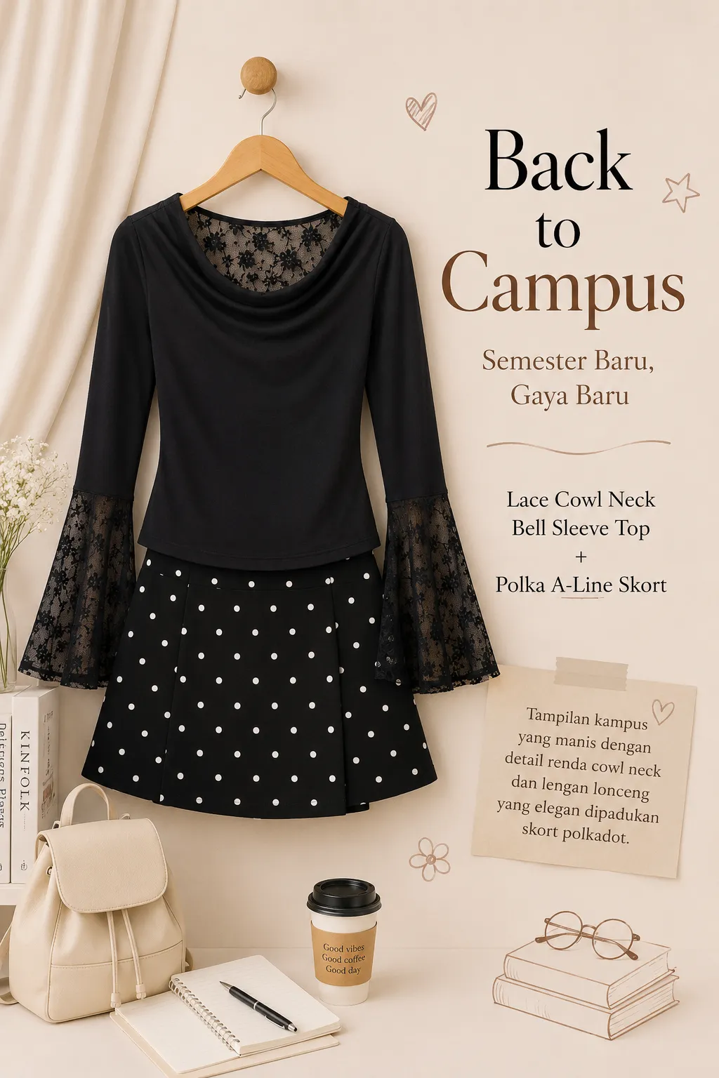 Lace Cowl Neck Bell Sleeve Top + Polka A-Line Skort