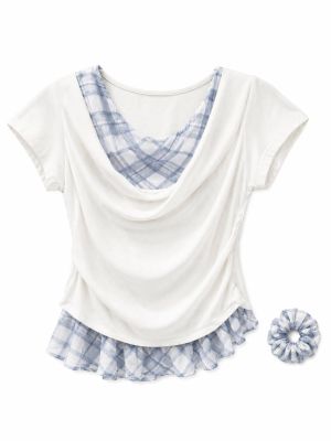 Cowl Neck Plaid Layered Top + Scrunchie Set