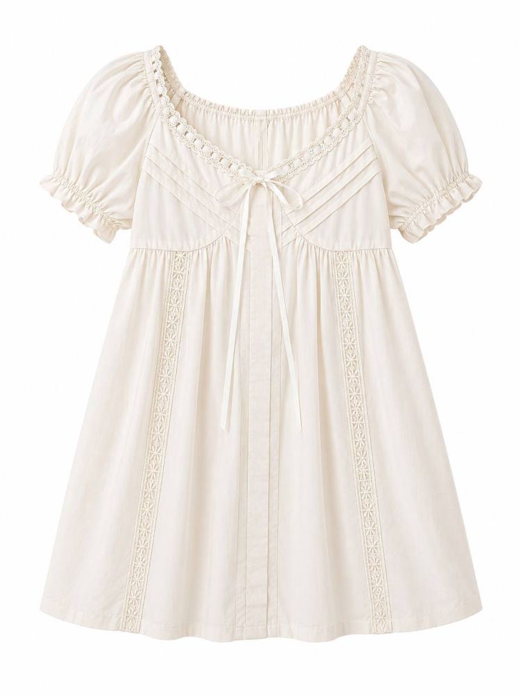 Cream Empire-Waist Eyelet Dress - Gambar Galeri