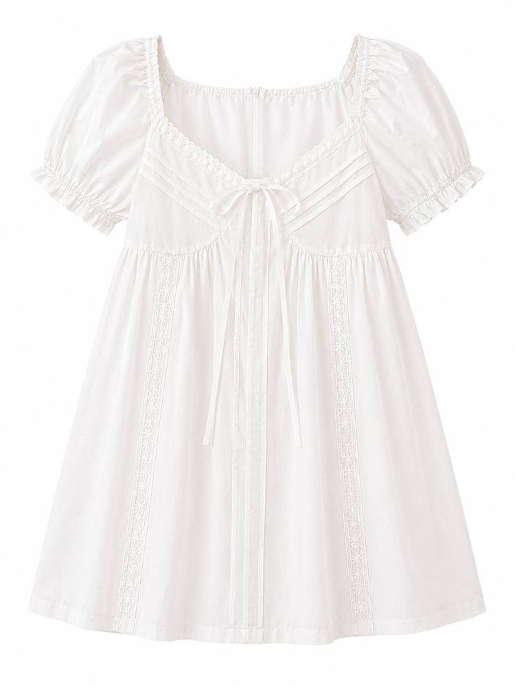 Cream Empire-Waist Eyelet Dress - Gambar Galeri