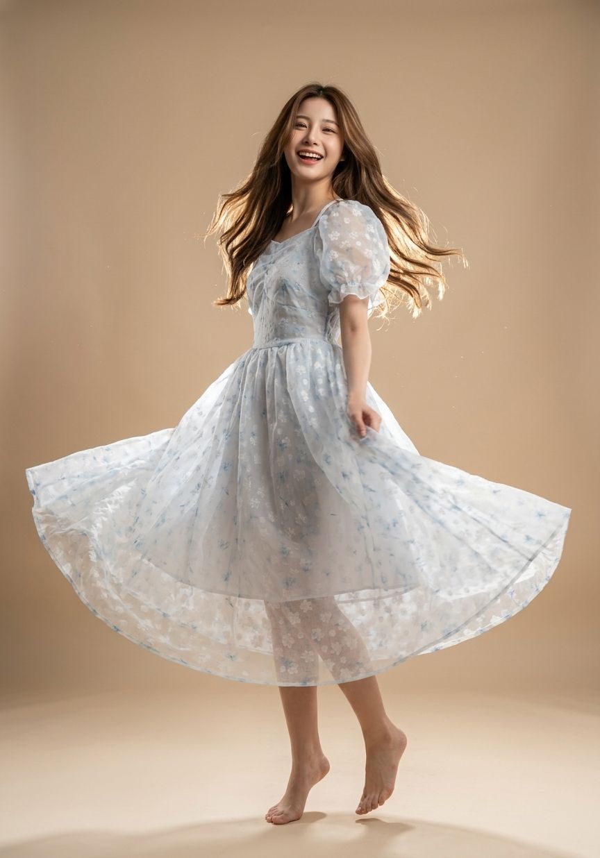 Floral Puff Sleeve Dress - Gambar Detail 2