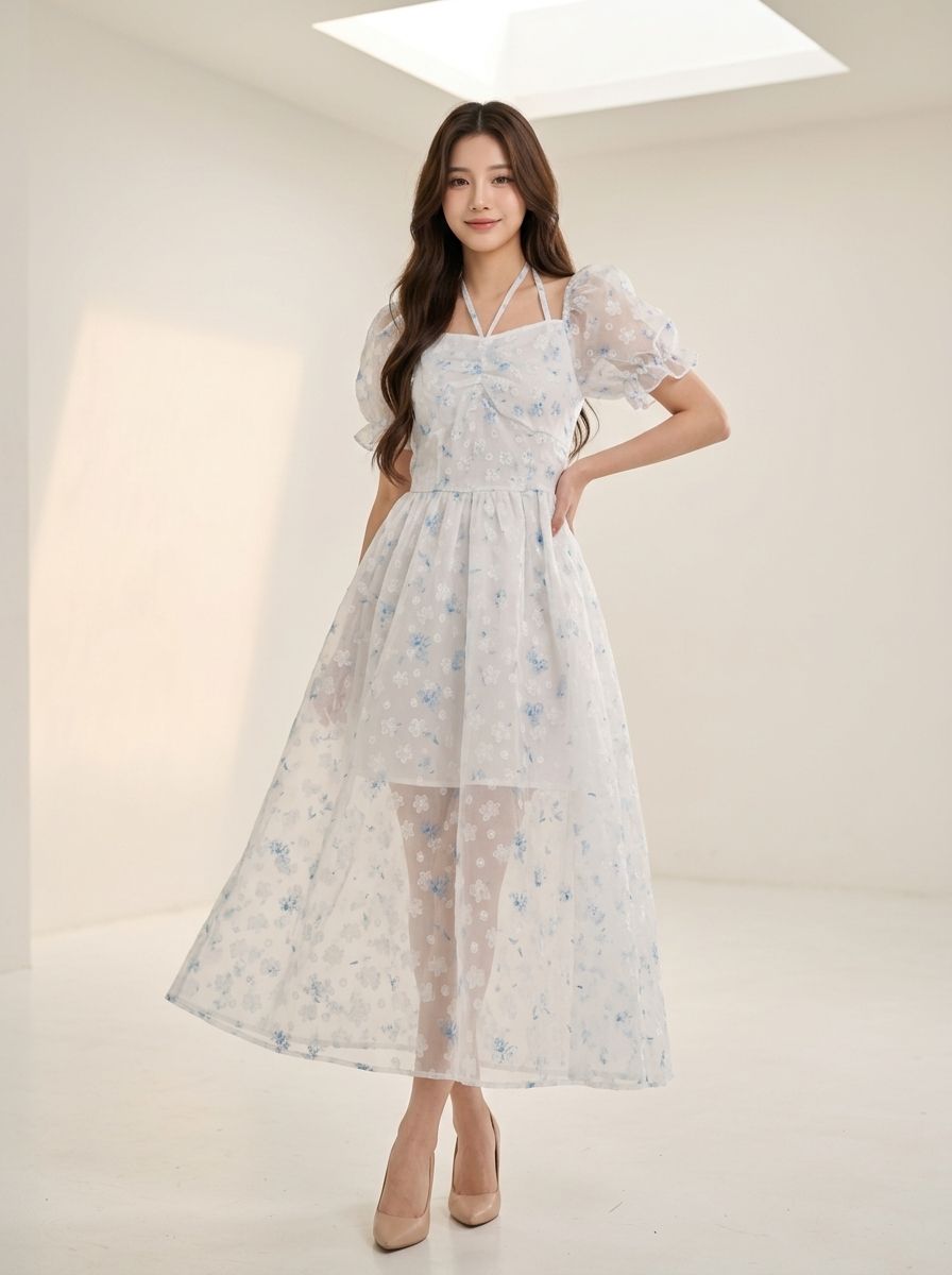 Floral Puff Sleeve Dress - Gambar Detail 3
