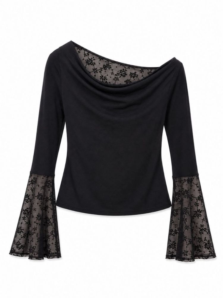 Lace Cowl Neck Bell Sleeve Top - Gambar Galeri