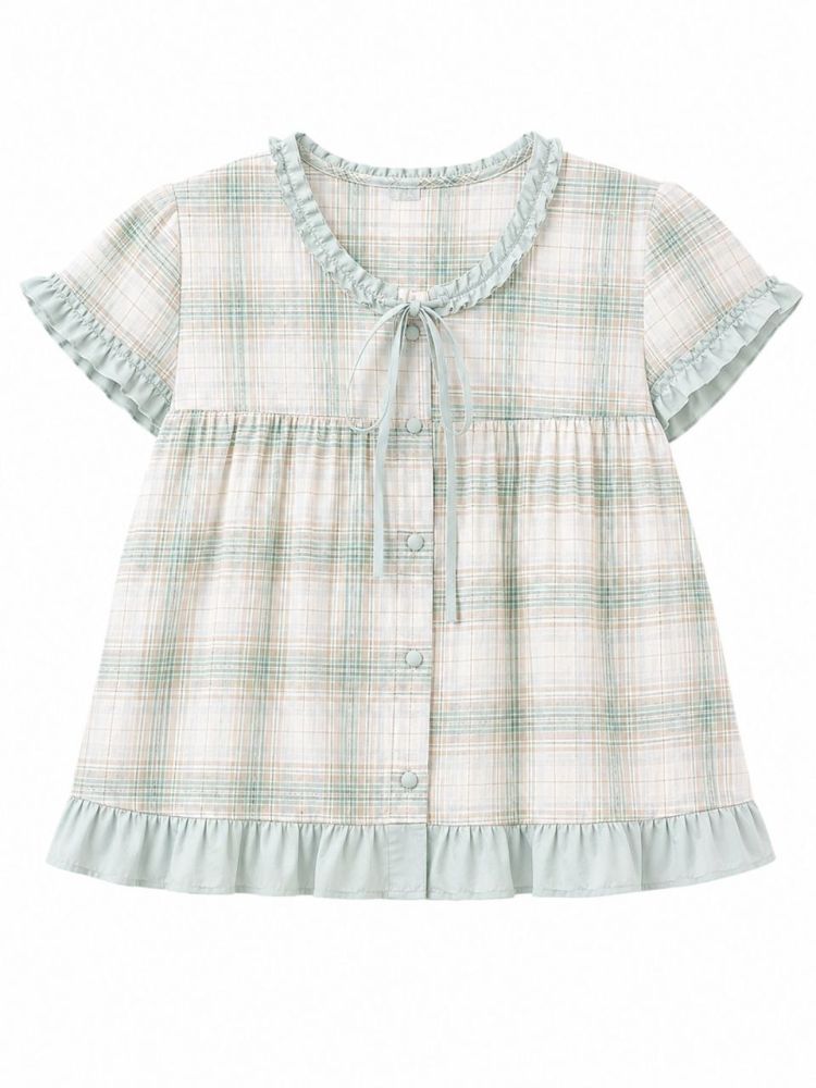 Mint Plaid Baby Doll Dress  - Gambar Galeri