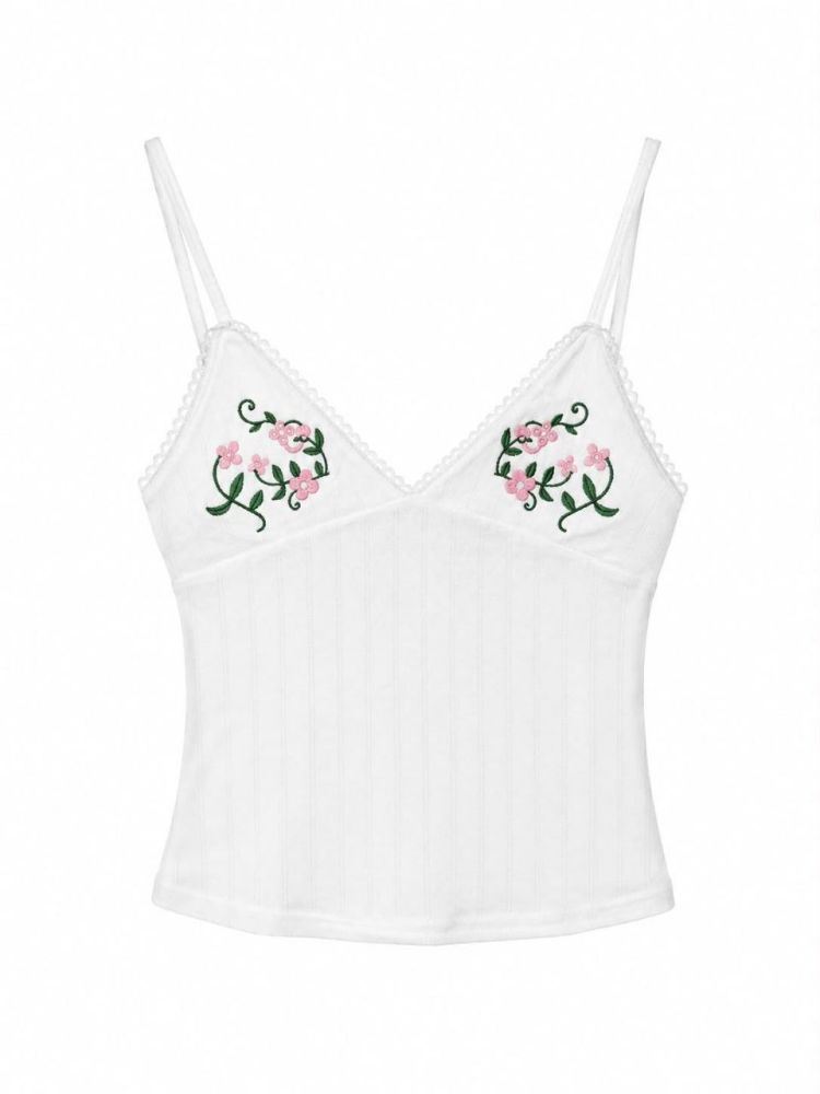 Mint Ribbed Knit Floral Embroidered Crop Cami - Gambar Galeri