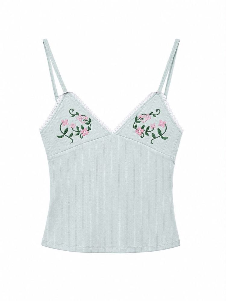 Mint Ribbed Knit Floral Embroidered Crop Cami - Gambar Galeri