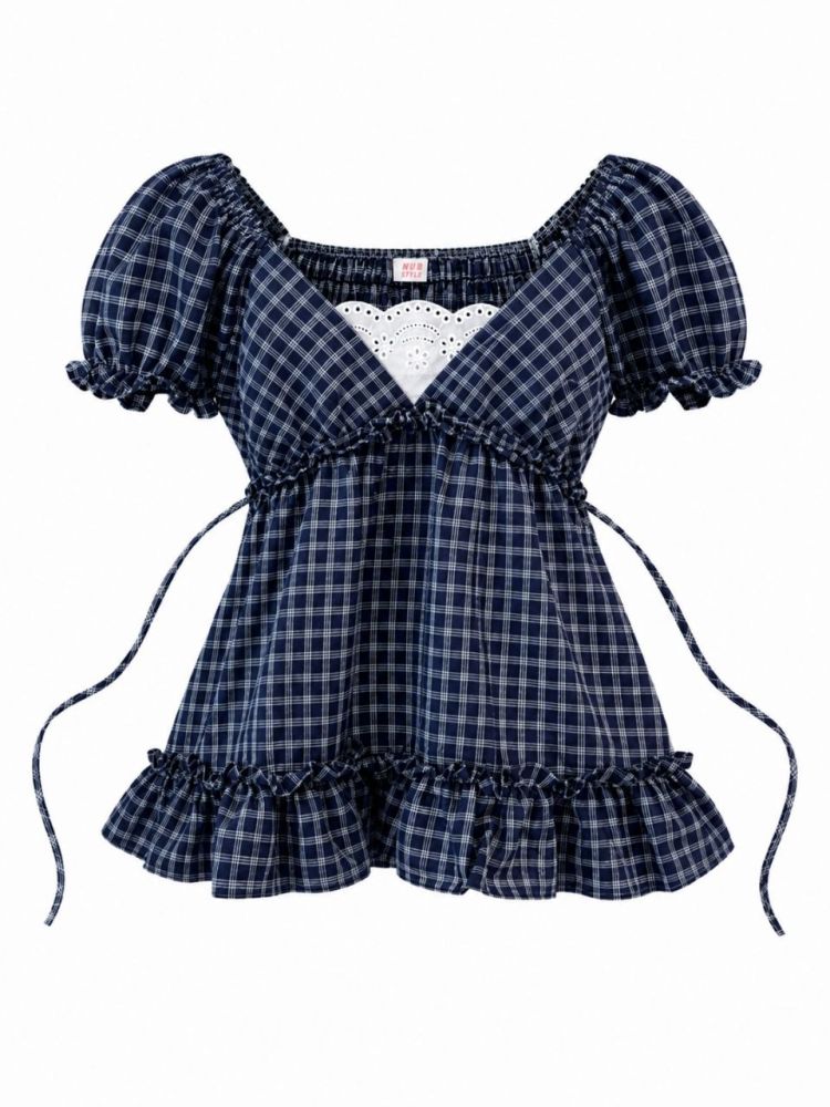 Navy Plaid Puff Top - Gambar Galeri