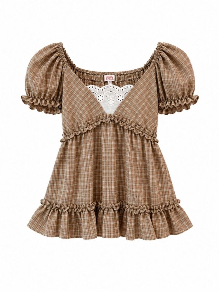 Navy Plaid Puff Top - Gambar Galeri