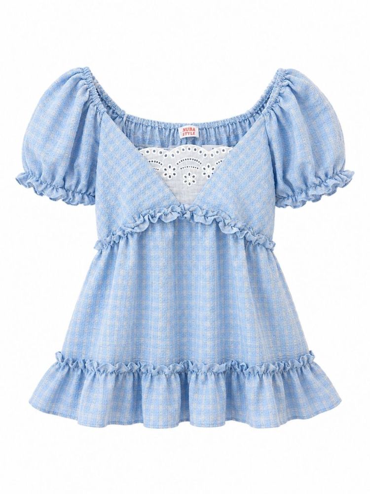 Navy Plaid Puff Top - Gambar Galeri