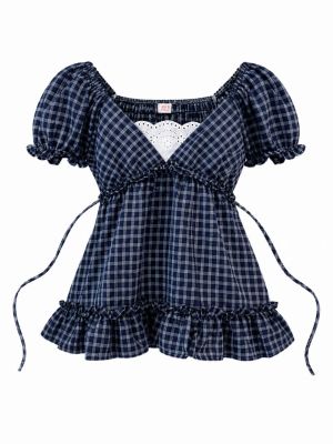 Navy Plaid Puff Top