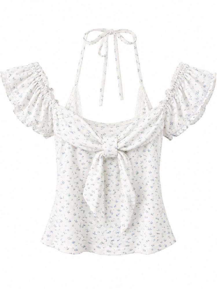 Off-Shoulder Halter Floral Top - Gambar Galeri