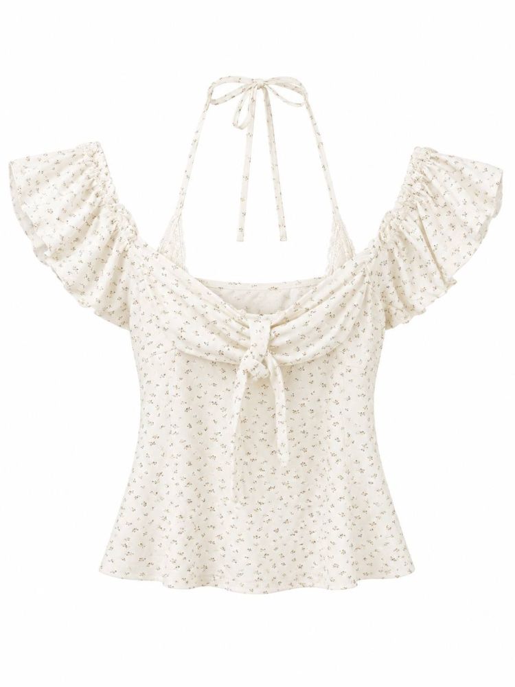 Off-Shoulder Halter Floral Top - Gambar Galeri