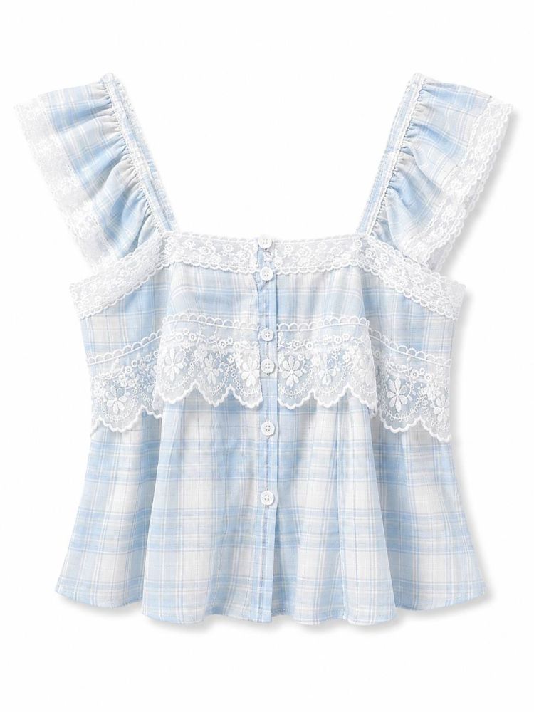 Pale Gingham Lace Peplum Top - Gambar Galeri