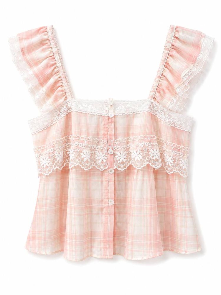 Pale Gingham Lace Peplum Top - Gambar Galeri