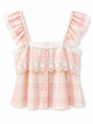 Pale Gingham Lace Peplum Top
