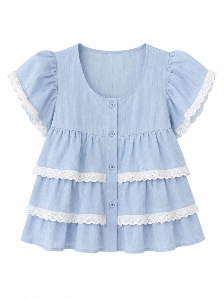 Pink Tiered Flutter Blouse - Gambar Galeri