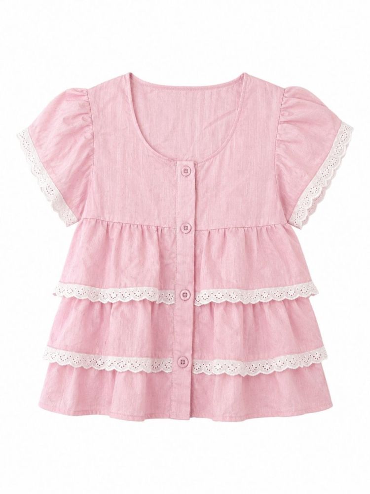 Pink Tiered Flutter Blouse - Gambar Galeri