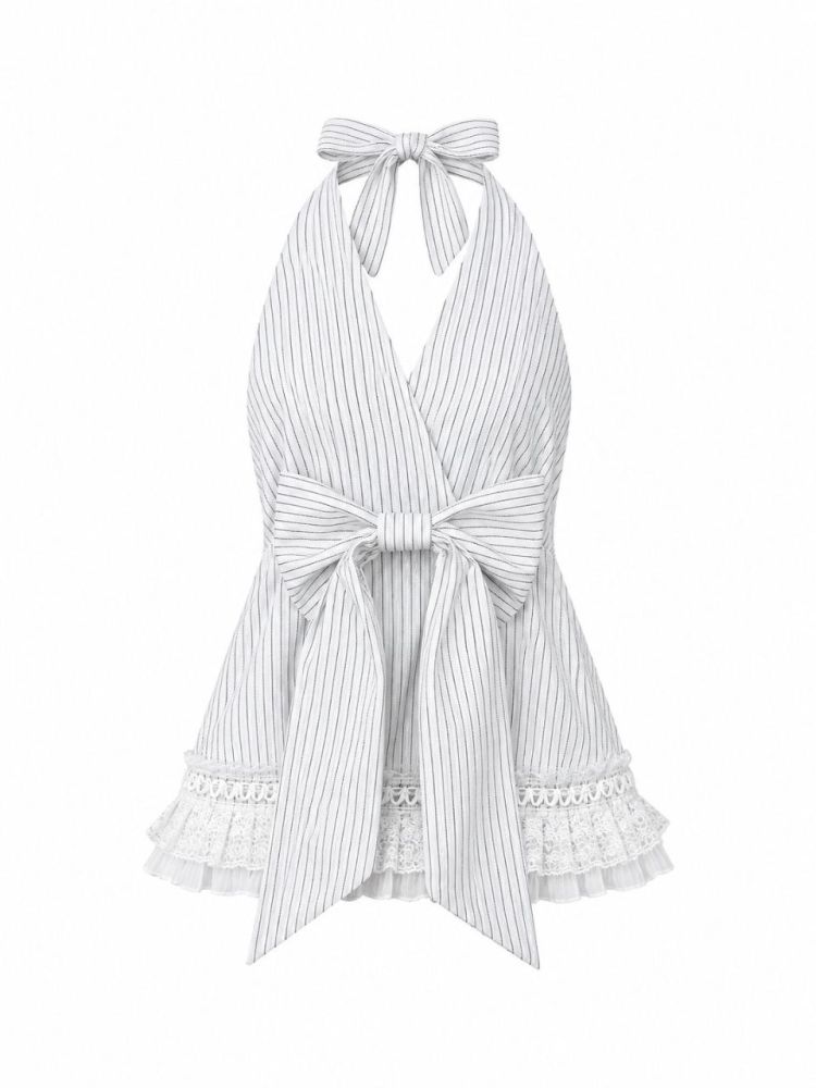 Pinstripe Halter Wrap Top - Gambar Galeri