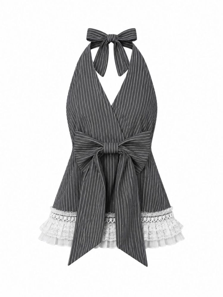 Pinstripe Halter Wrap Top - Gambar Galeri