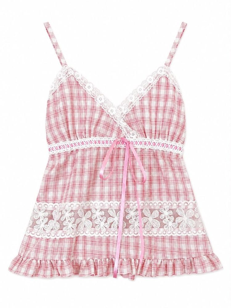 Plaid Floral Lace Cami Top - Gambar Galeri
