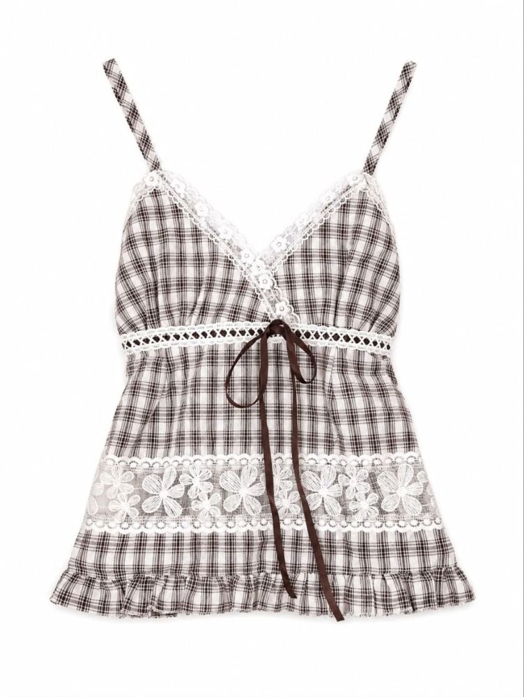 Plaid Floral Lace Cami Top - Gambar Galeri