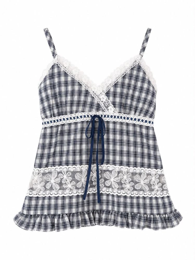 Plaid Floral Lace Cami Top - Gambar Galeri