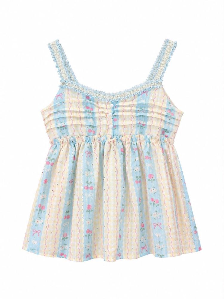 Pleated Floral Cherry Bow Camisole - Gambar Galeri