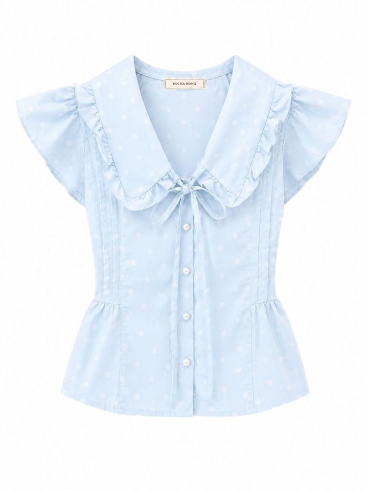 Polka Dot Ruffle Peplum Blouse - Gambar Galeri