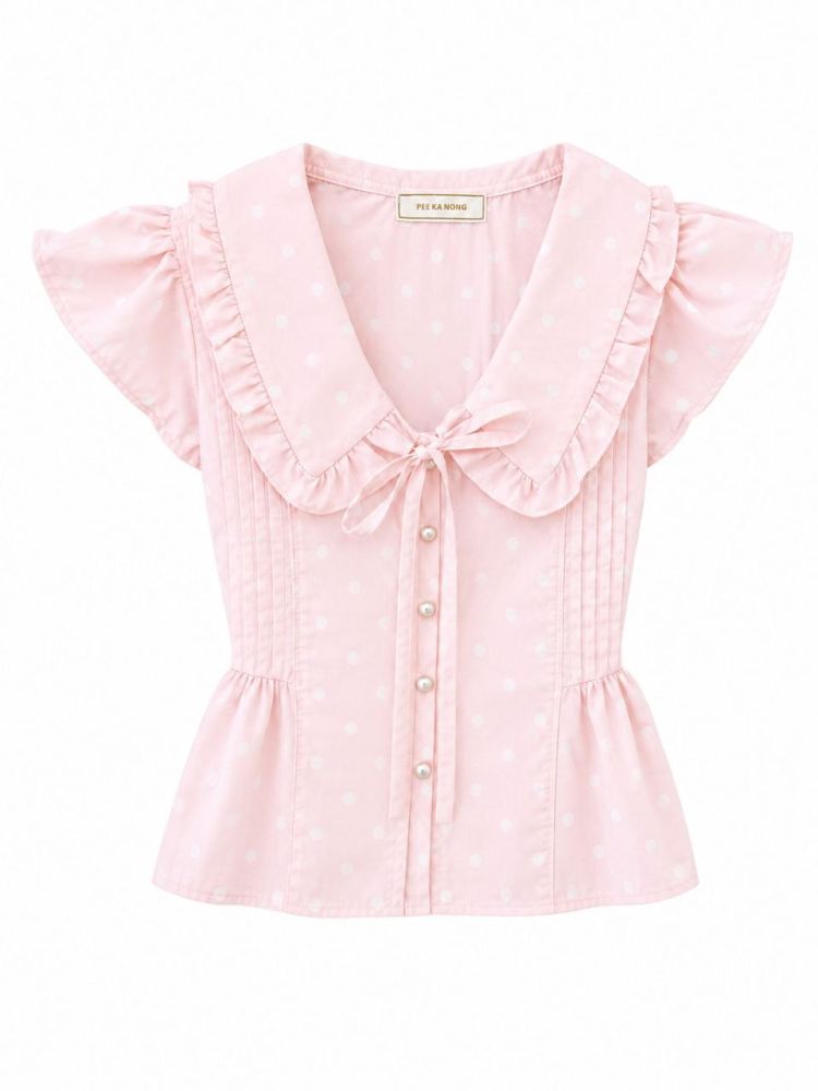 Polka Dot Ruffle Peplum Blouse - Gambar Galeri