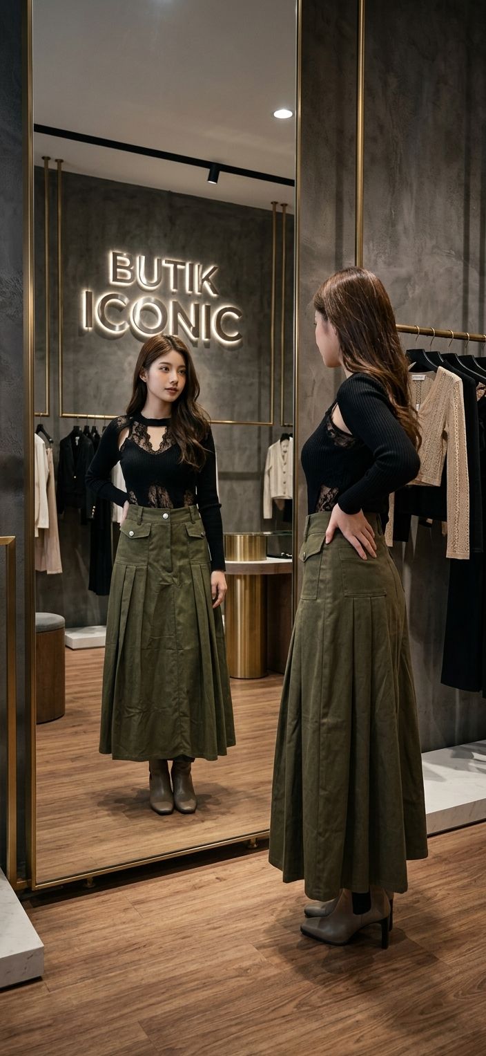 Rok Cargo Pleated Army Green - Gambar Detail 1