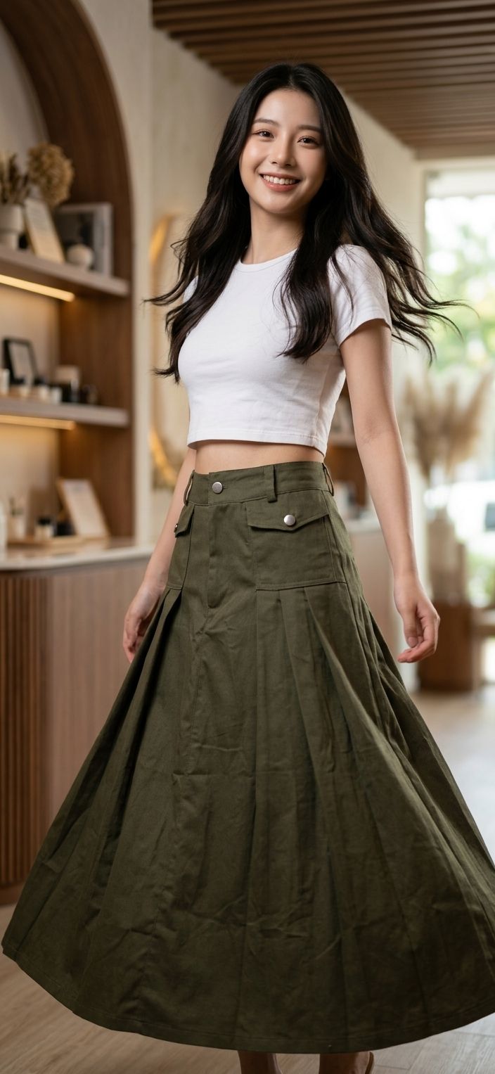 Rok Cargo Pleated Army Green - Gambar Detail 2