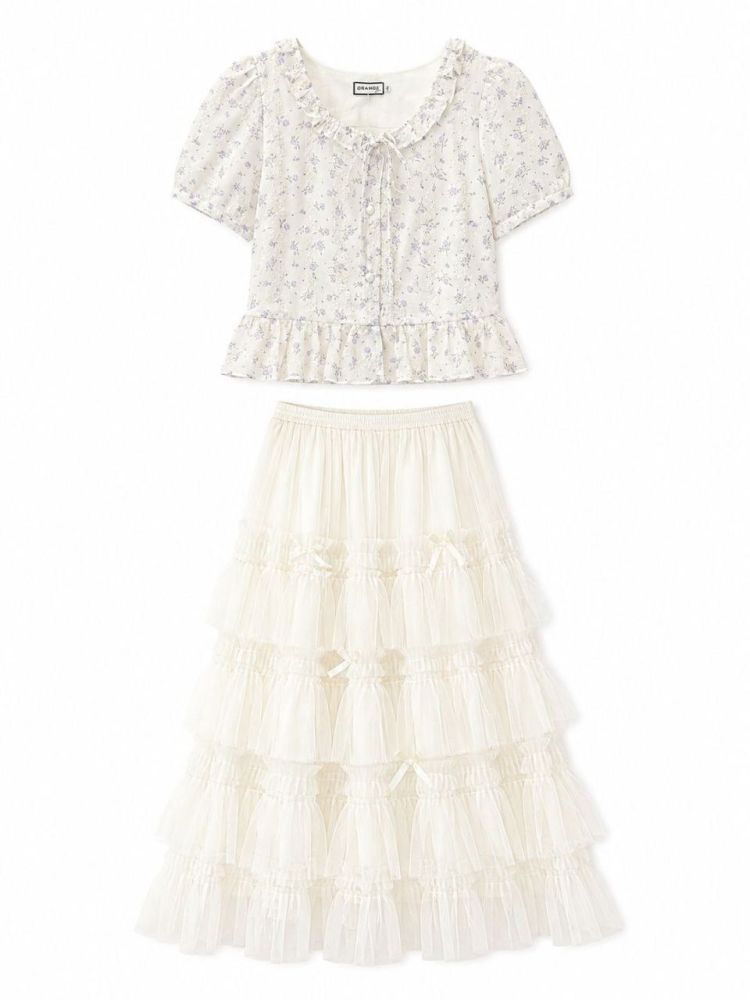 Romantic Floral Co-ord Set with Tiered Tulle Skirt - Gambar Galeri