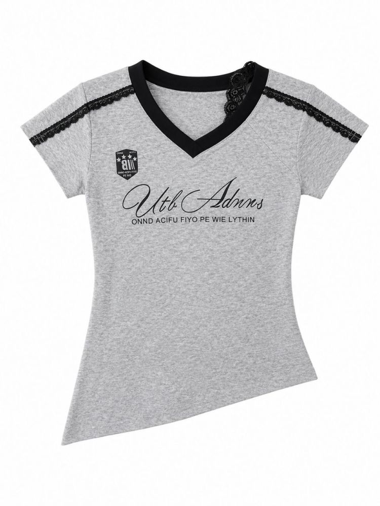 Script & Scallop Lace V-Neck Tee - Gambar Galeri
