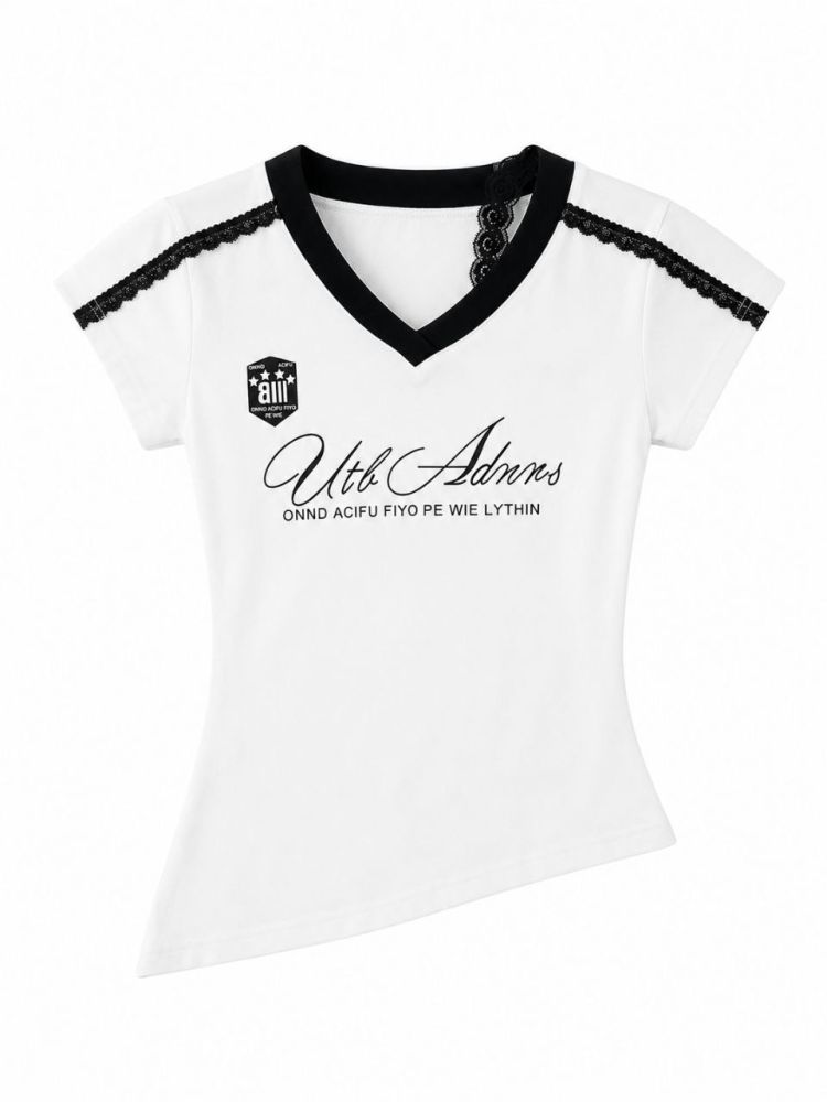 Script & Scallop Lace V-Neck Tee - Gambar Galeri