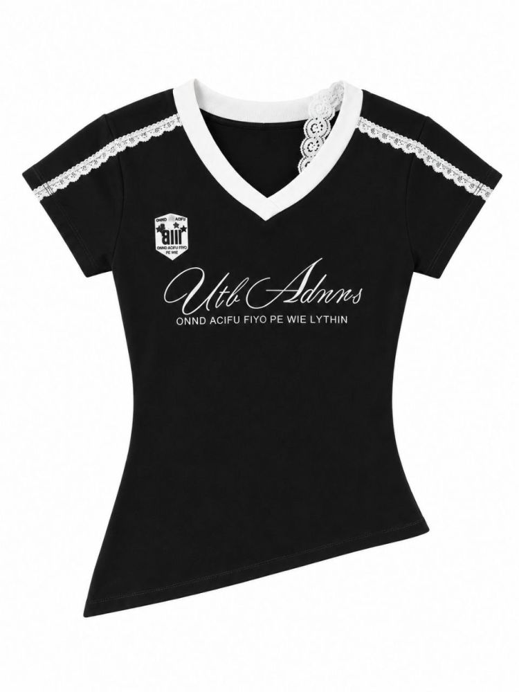 Script & Scallop Lace V-Neck Tee - Gambar Galeri