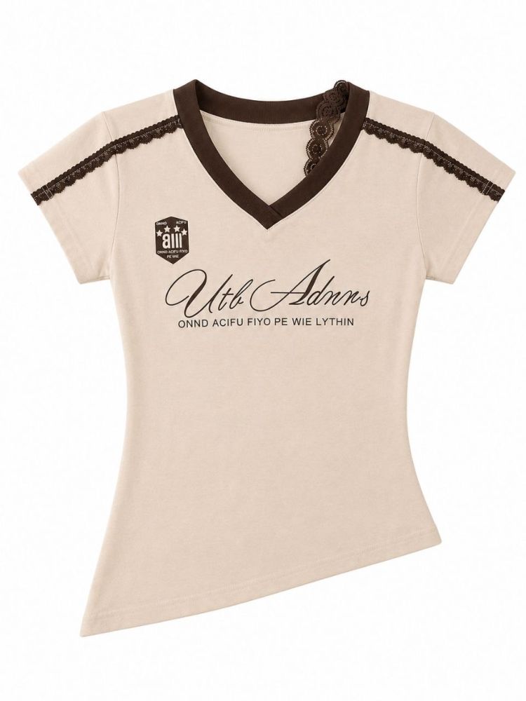 Script & Scallop Lace V-Neck Tee - Gambar Galeri
