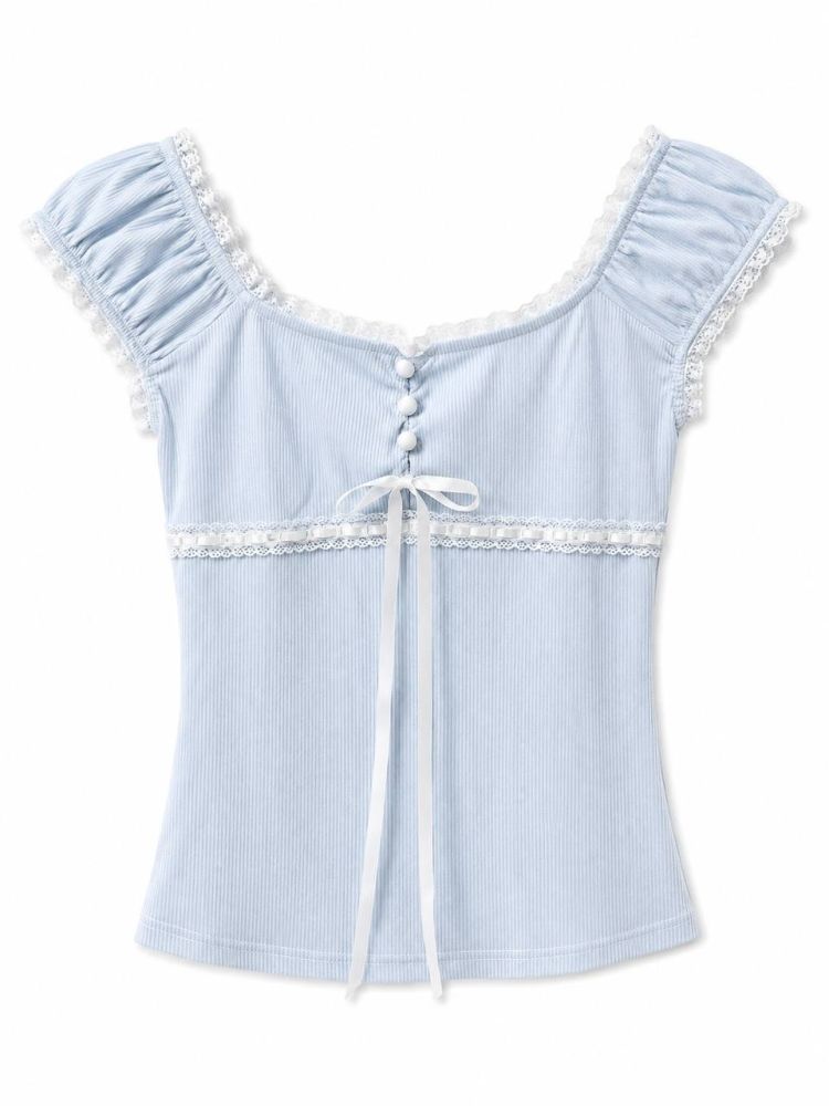 Serene Coquette Ribbed Top - Gambar Galeri