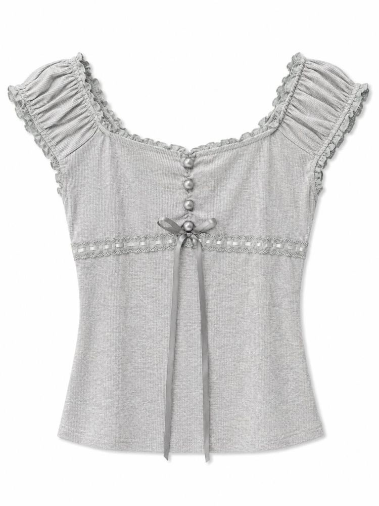 Serene Coquette Ribbed Top - Gambar Galeri