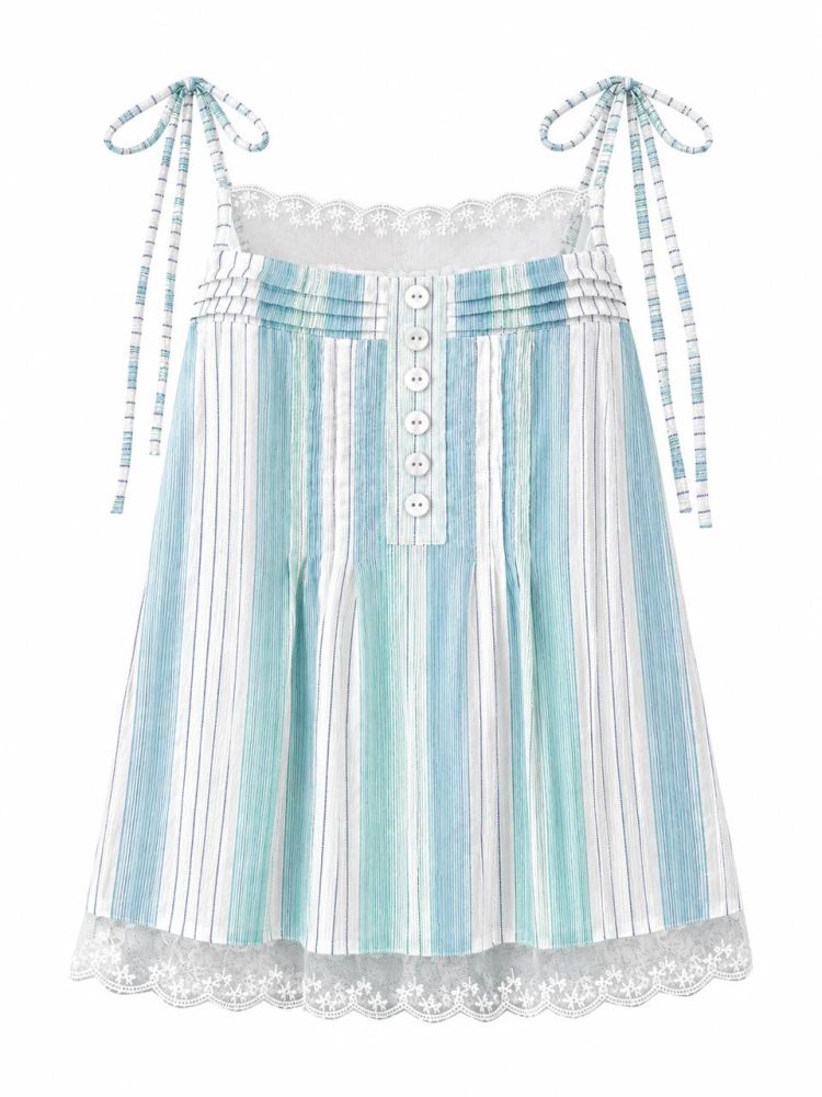 Tie-Shoulder Striped Lace-Trim Camisole - Gambar Galeri
