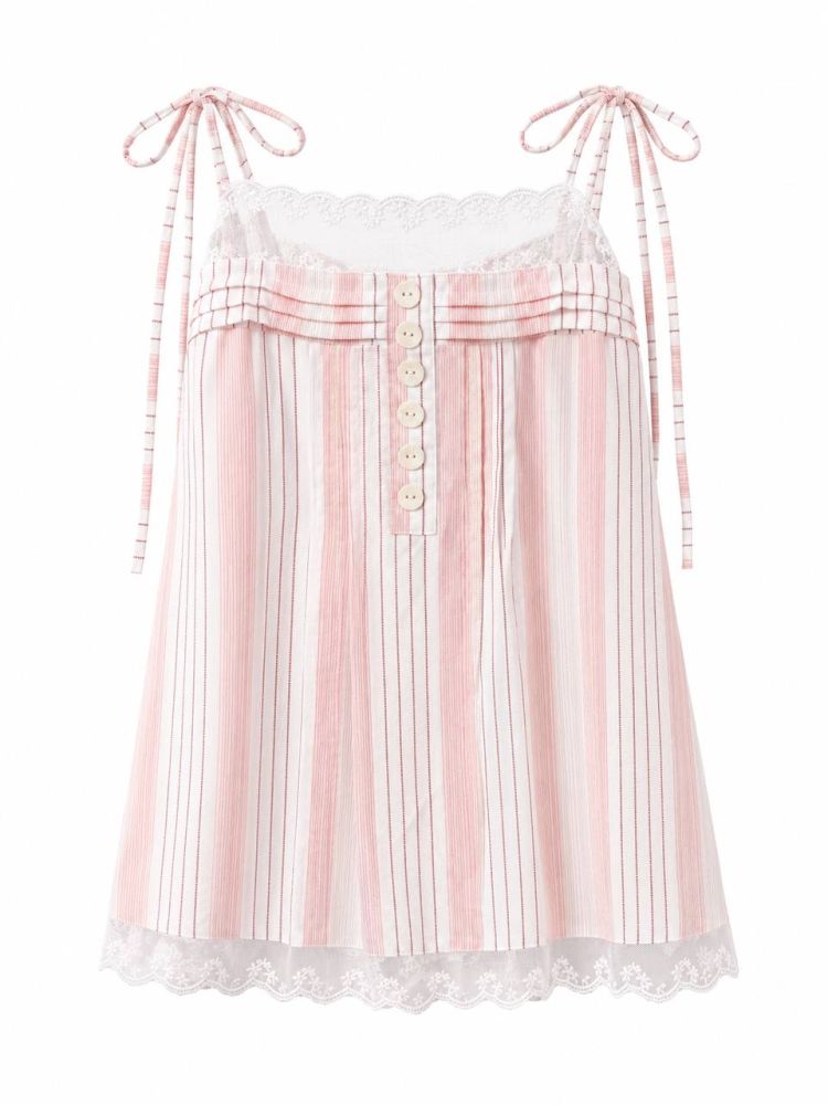 Tie-Shoulder Striped Lace-Trim Camisole - Gambar Galeri
